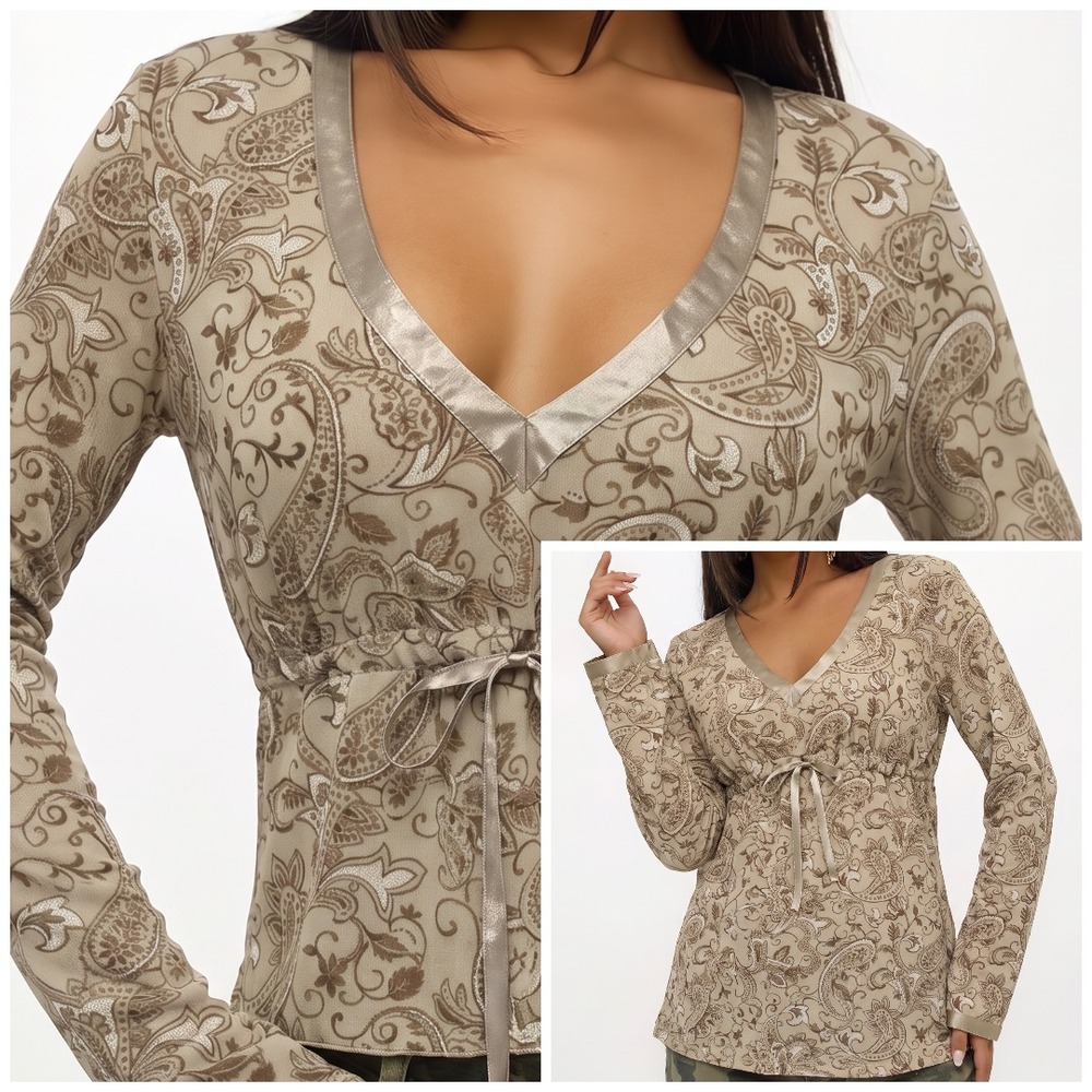 Y2K Babydoll Top 6 Earthy Paisley Mesh Satin V-Neck Tie Waist Fairy Whimsigoth